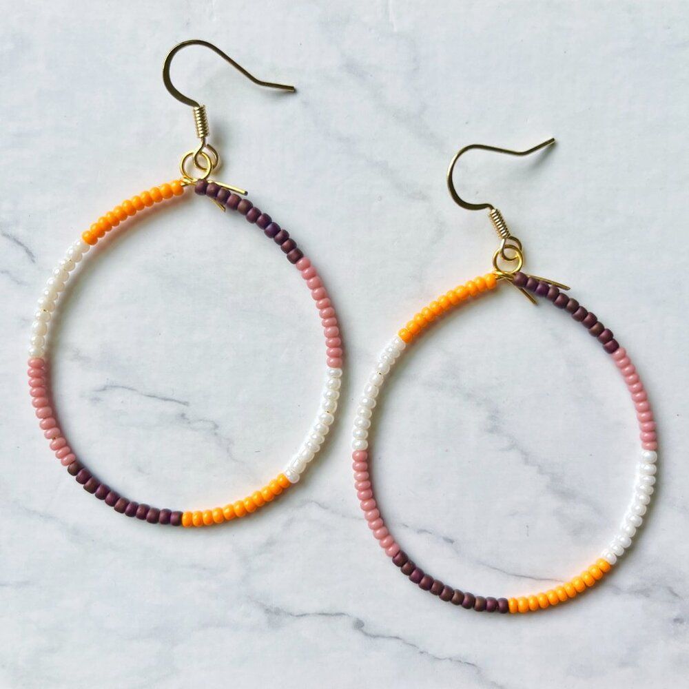 Color Block Pink Brown and Pearl Hand Beaded Tear Drop Color Block Earrings